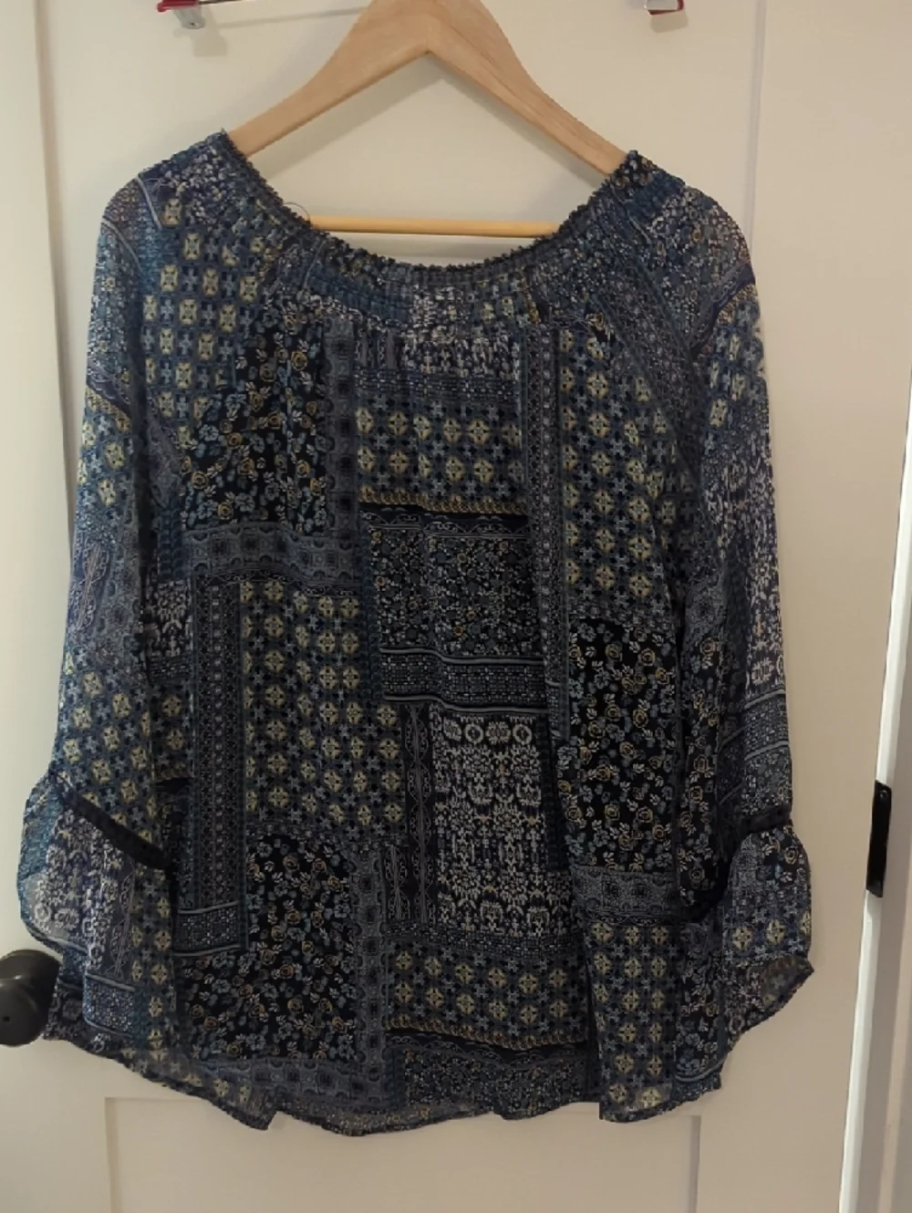 Westport Navy and Cream Patchwork Boho Blouse - Picture 3 of 5